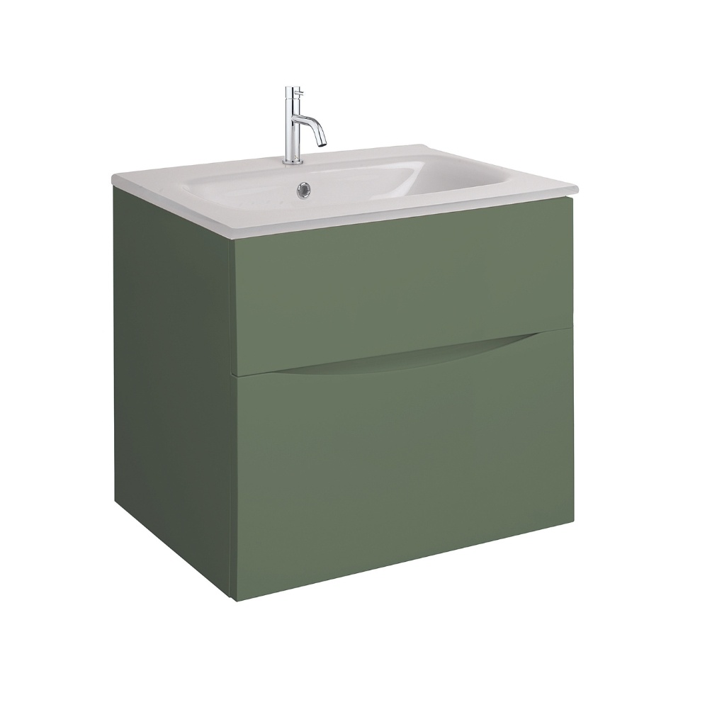 Product Cut out image of the Crosswater Glide II Sage Green 600mm Double Drawer Unit with Ice White Glass 1 Tap Hole Basin